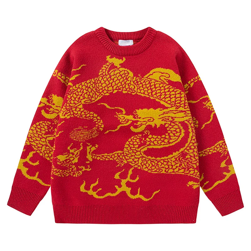 Chinese Dragon Knitted Sweater Men Women Winter Thick Knitwear Sweater Jaquard Animal Crewneck Couple Pullover Male Unisex Red