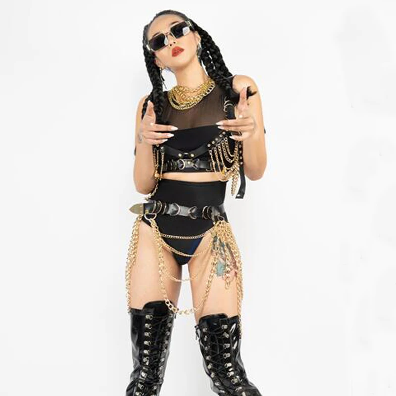 

Bar Nightclub Gogo Dance Costume Sexy Pole Dance Outfits Mesh Top High Waist Shorts Leather Chain Strap Rave Clothes XS4126