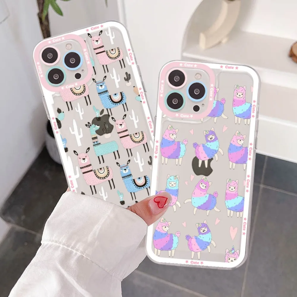 Kawaii Cute Llama Alpaca Animals Cartoon Colorful Phone Case For IPhone 15 13 14 Pro Max XS XR 12 11 Pro 13 Mini Clear Back