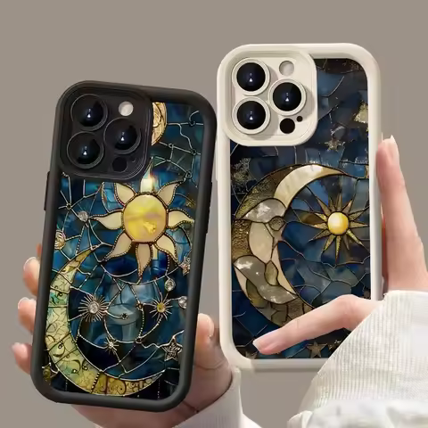 Beautiful Sun Moon Glass Pattern Phone Case For Samsung Galaxy S25 S24 S23 S22 S21 S20 Ultra Plus FE A15 A35 A54 A55 Cover