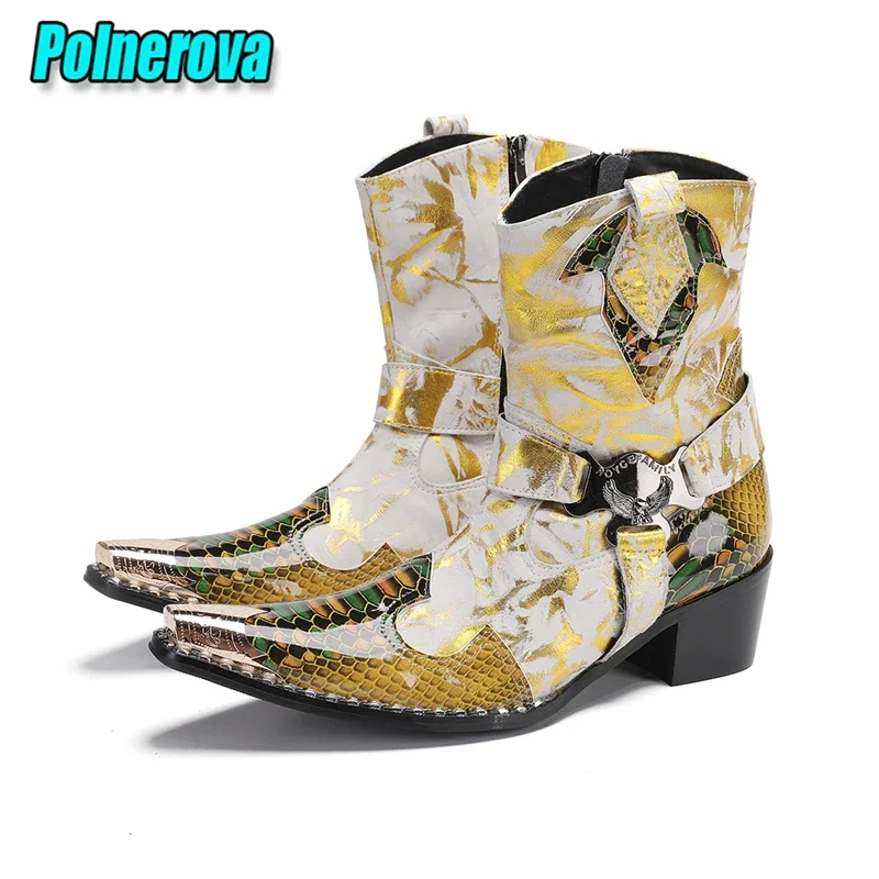 

Разноцветные ботинки челси с пряжкой, мужские короткие ботильоны с металлическим острым носком и боковой молнией, модные мужские туфли золотого и красного цвета со змеиным узором