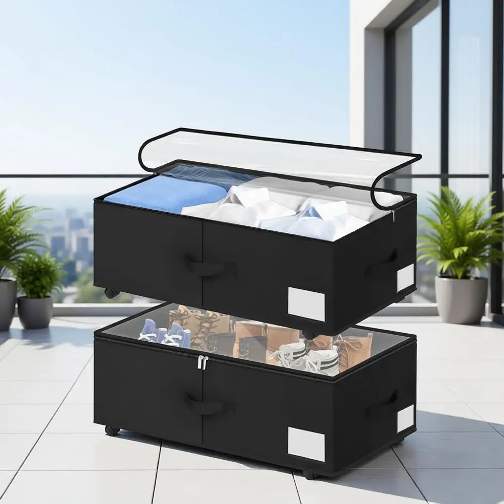 

Under Bed Storage with Wheels, 2-Pack 10 Height XXL 60L Rolling Storage Bins, Quick Assembly Underbed Shoe Storage Containers wi