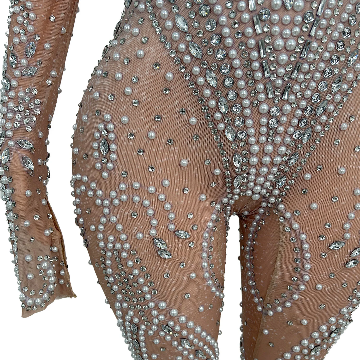Monos de pierna ancha transparentes con perlas y diamantes de imitación para mujer, peleles ajustados de malla, monos para fiesta y graduación, traje de Festival