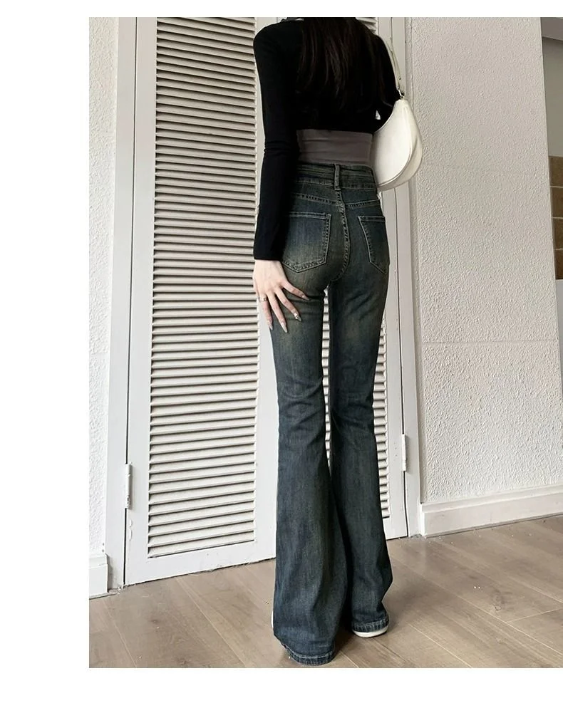 

Bootcut Jeans Blue Women Ripped Summer Vintage Japanes Thickened Low Rise Sporty Thin Wash Bell Bottomed Fashionable Beautiful