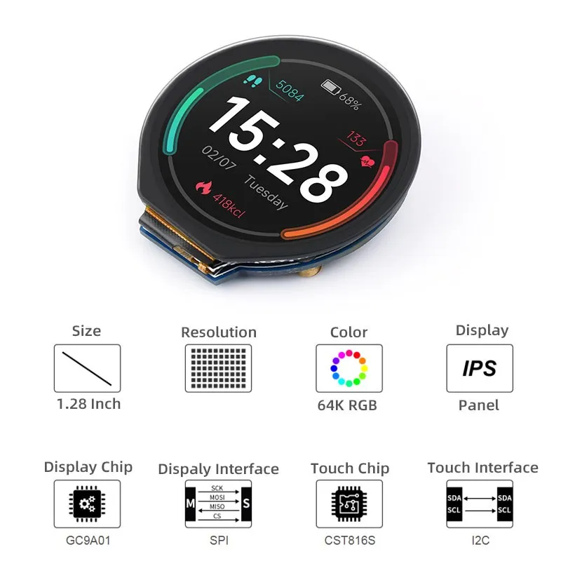 1.28 Inch IPS Touch Screen 240 × 240 MCU for Arduino STM32 Raspberry Pi Pico 65K Round LCD SPI I2C Interface Free Demo Tutorial