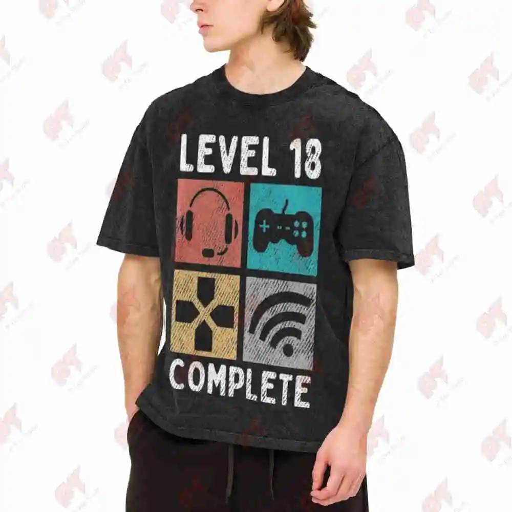 Level 18 Complete Gamer Birthday Vintage Washed Tee Pure Cotton T-Shirt