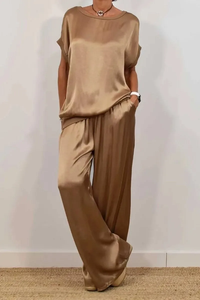 Casual Loose Satin T Shirt And Pants Two Piece Sets Women Summer Solid Short Sleeve T Shirts Suit Elegant Wide Leg Pants Sets