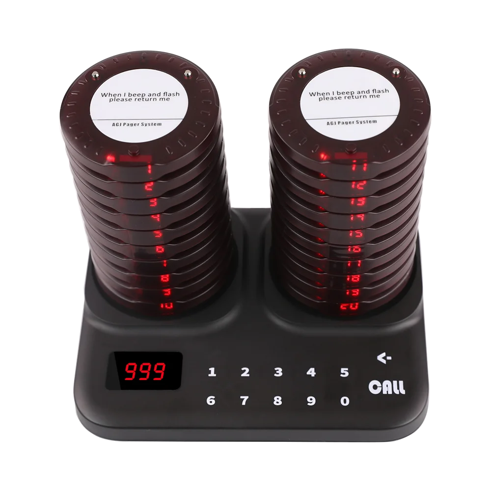 Wireless Restaurant Pager System Calling System Dual Charging Base Coaster Buzzer For Food Court Food Truck Cafe Shop
