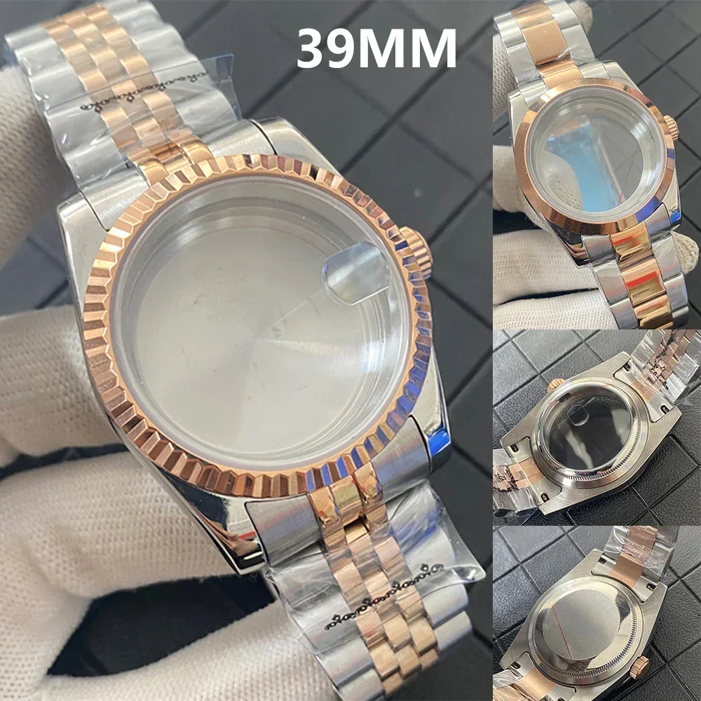 39mm Silver Rose Gold Stainless Steel Case Strap Set Sapphire Glass Watch Case Fits NH35 NH36 Movement Men Watch Assembly Parts