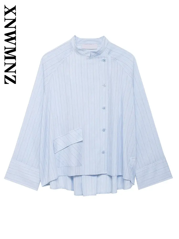 

XNWMNZ 2026 Summer Woman's Casual Simple Long Sleeve Stand Collar Print Shirt Commuting Fashion Lady Holiday Thin Slim Pockets