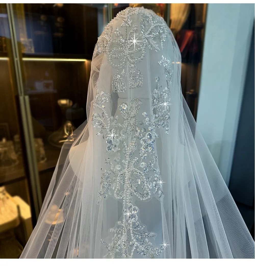 Exquisite 3.5m Long Wedding Veil Mantilla Bridal Veil with Comb Sparkling Beading Sequins Ivory Real Picture L&P DQL Studio