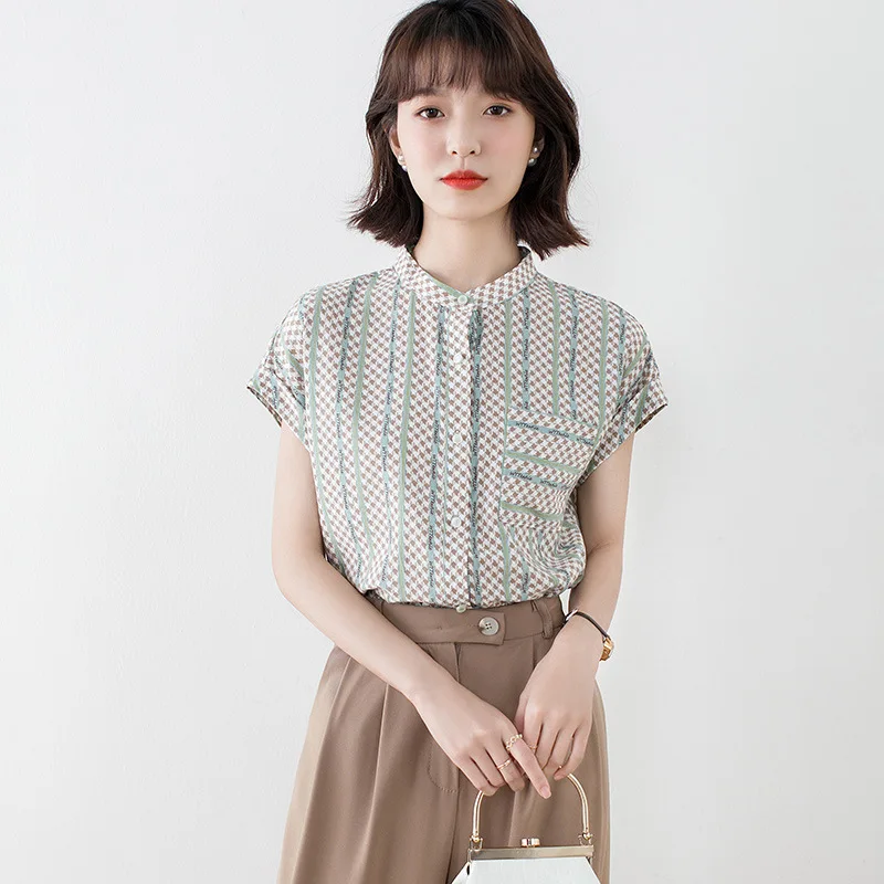 2026 Summer New Mulberry Silk Shirt for Women, Short Sleeve Thin T-Shirt, Striped Plaid Short Tops, Lightweight Elegant Blouse
