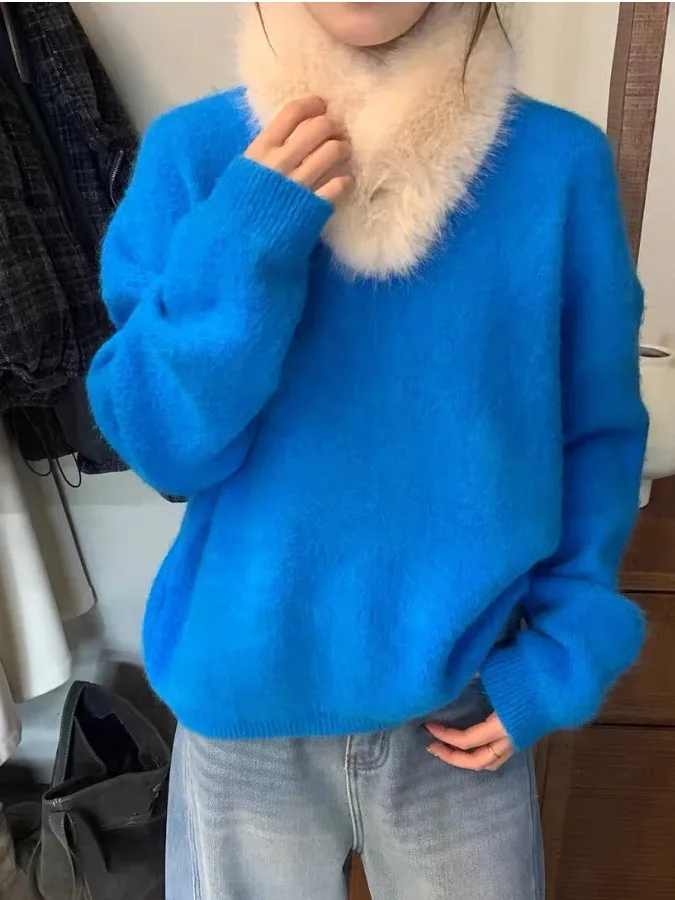 Korean Sle Soft Plu Rabbit Fur Red Sweater Women's Autumn Winter New Warmth Lazy Ne Warmer Top for Teen Girls