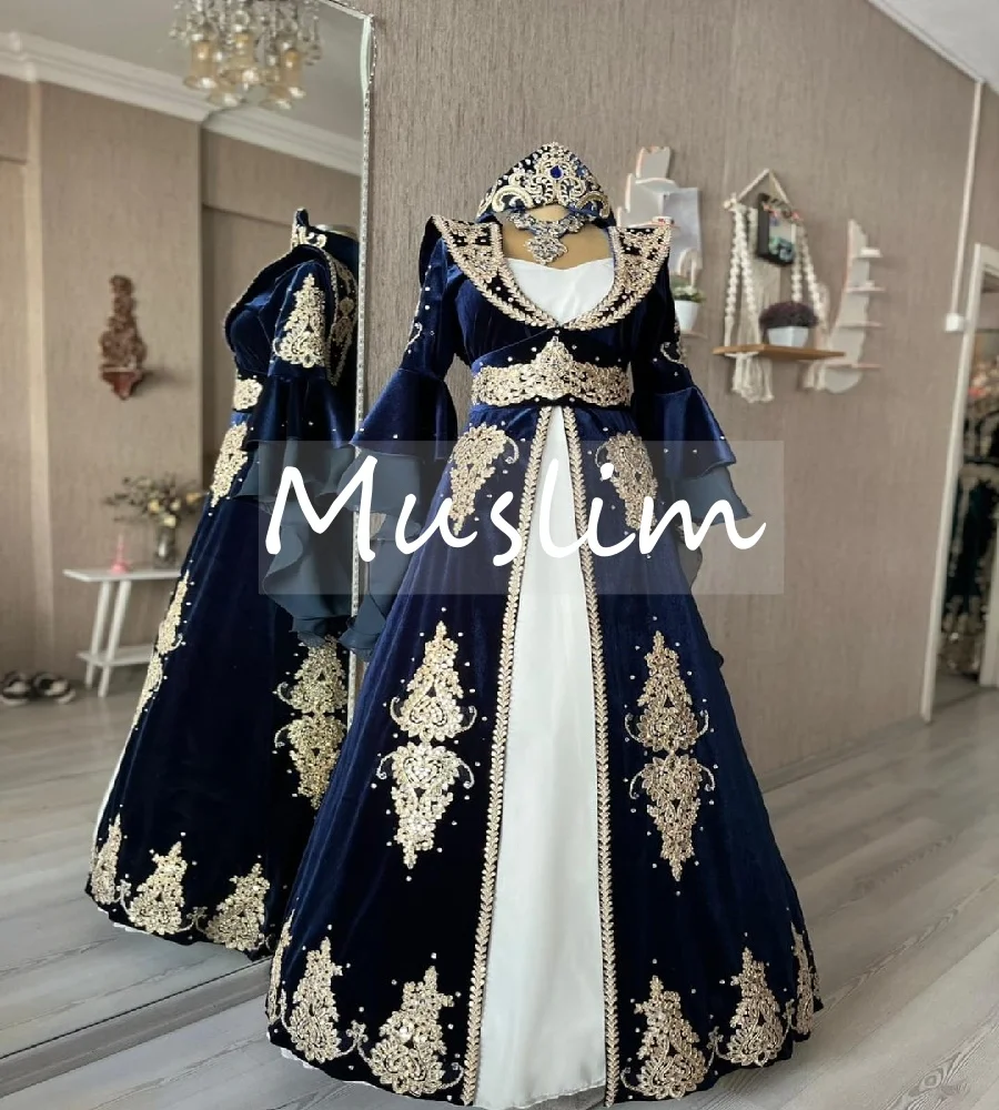 

Arabian Navy Blue Turkish Wedding Dress With Gold Lace Traditional Moroccan Takchita Bridal Dress 2025 Abaya Muslim Customized