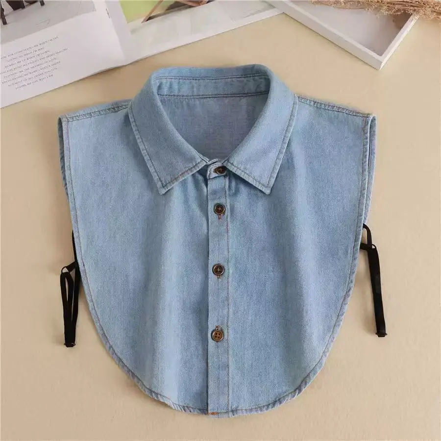Women's Blue Washed Denim Pointed Collar Fake Collar Professional Casual Versatile Decoration Half Shirt Detachable Collar