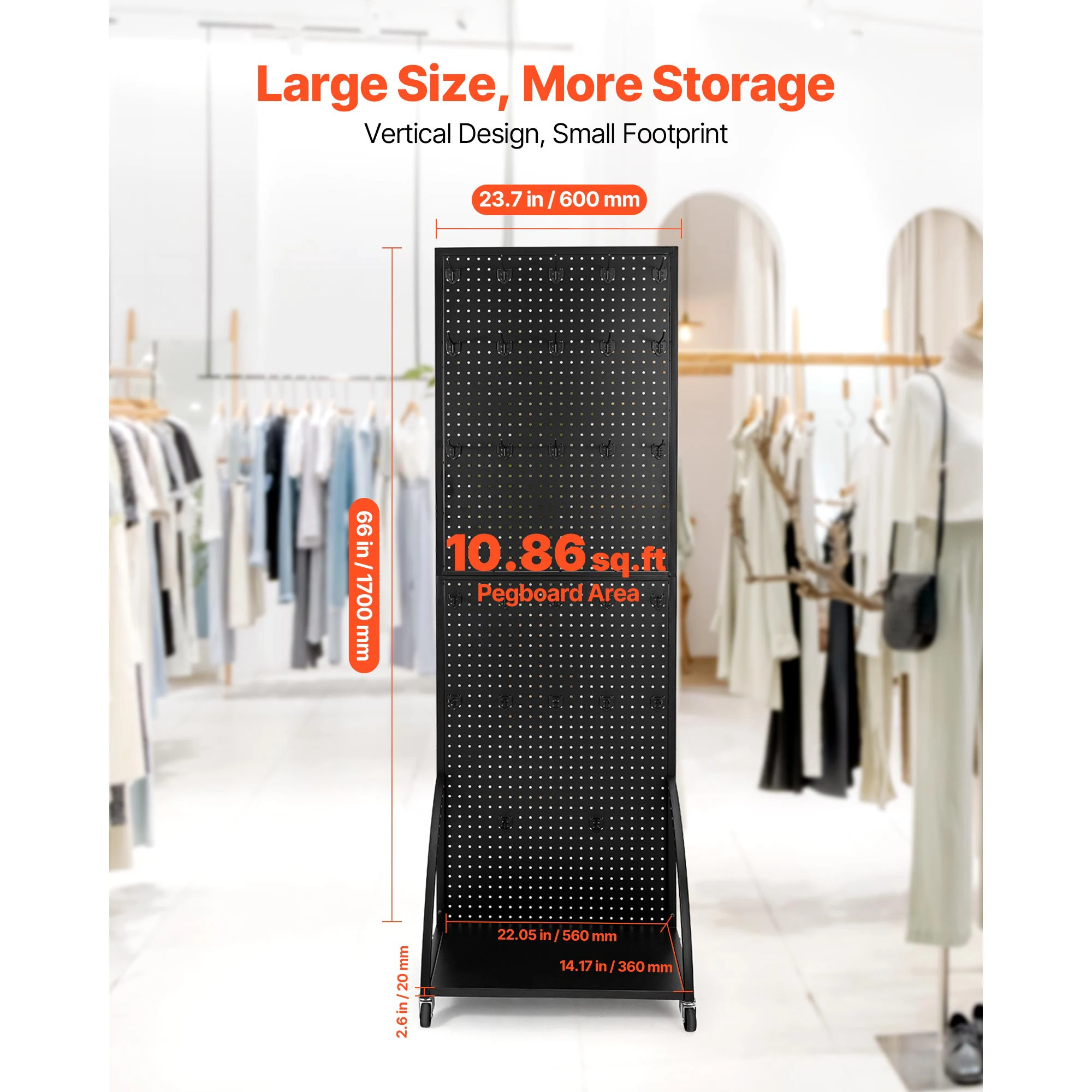 SucceBuy Standing Pegboard Display with Casters & 30 Hooks Thickened Steel Peg Board Panel for Retail Store Jewelry Shop