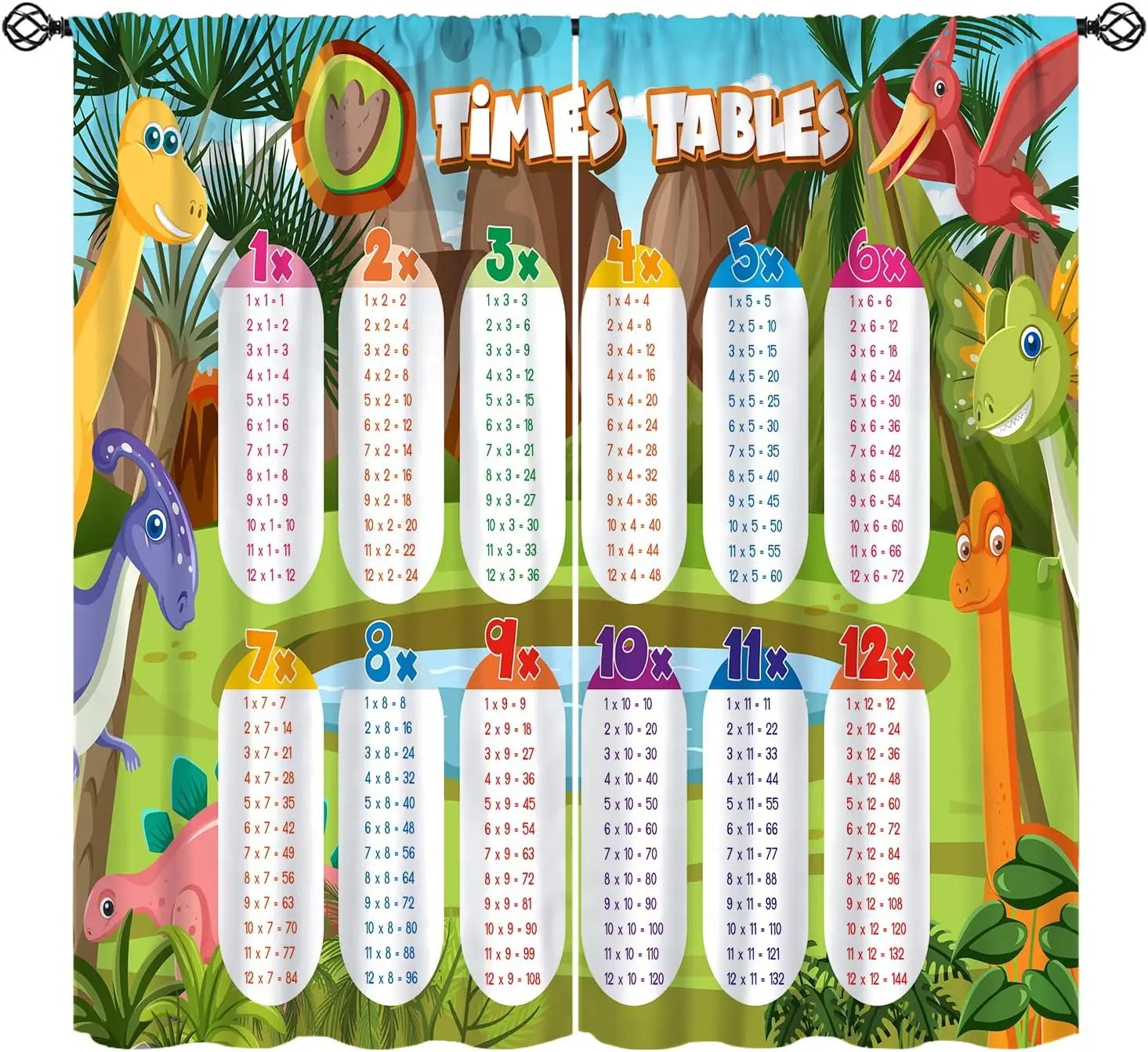 Colorful Cartoon Dinosaur Curtains, Educational Math Print, Rod Pocket Drapes for Kids Bedroom Classroom Home Decor