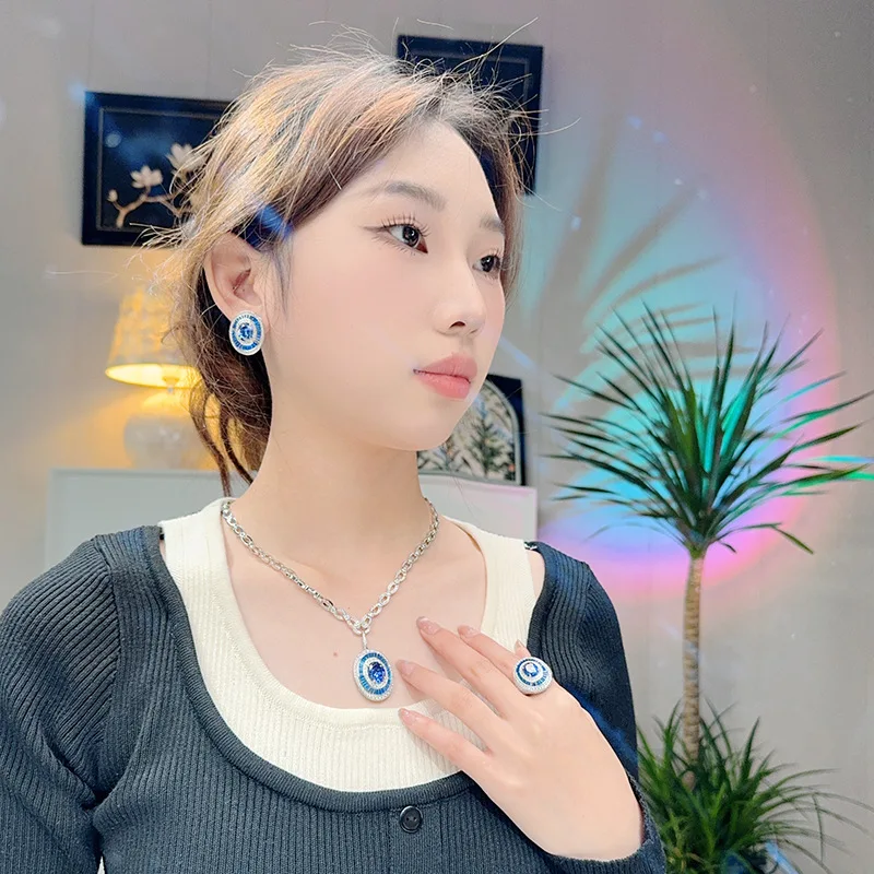 

Designer Collection Style Ring Earrings Necklace Women Lady Inlay Cubic Zircon Tanzanite Oval Pendant Dinner Party Jewelry Sets