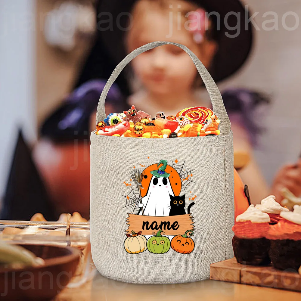 Personalized Trick or Treat Bag Custom Name Candy Bucket Bag Halloween Party Ghost Tote Bags Portable Cookie Basket Gift for Kid