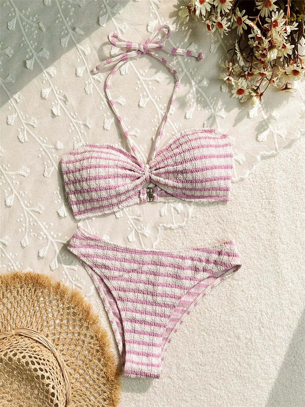 Cute Striped Bikini Extreme String Halter Push Up Bandeau Swimsuit Wrinkled Jacquard Vacation Swimwears Women Beach Bathing Suit