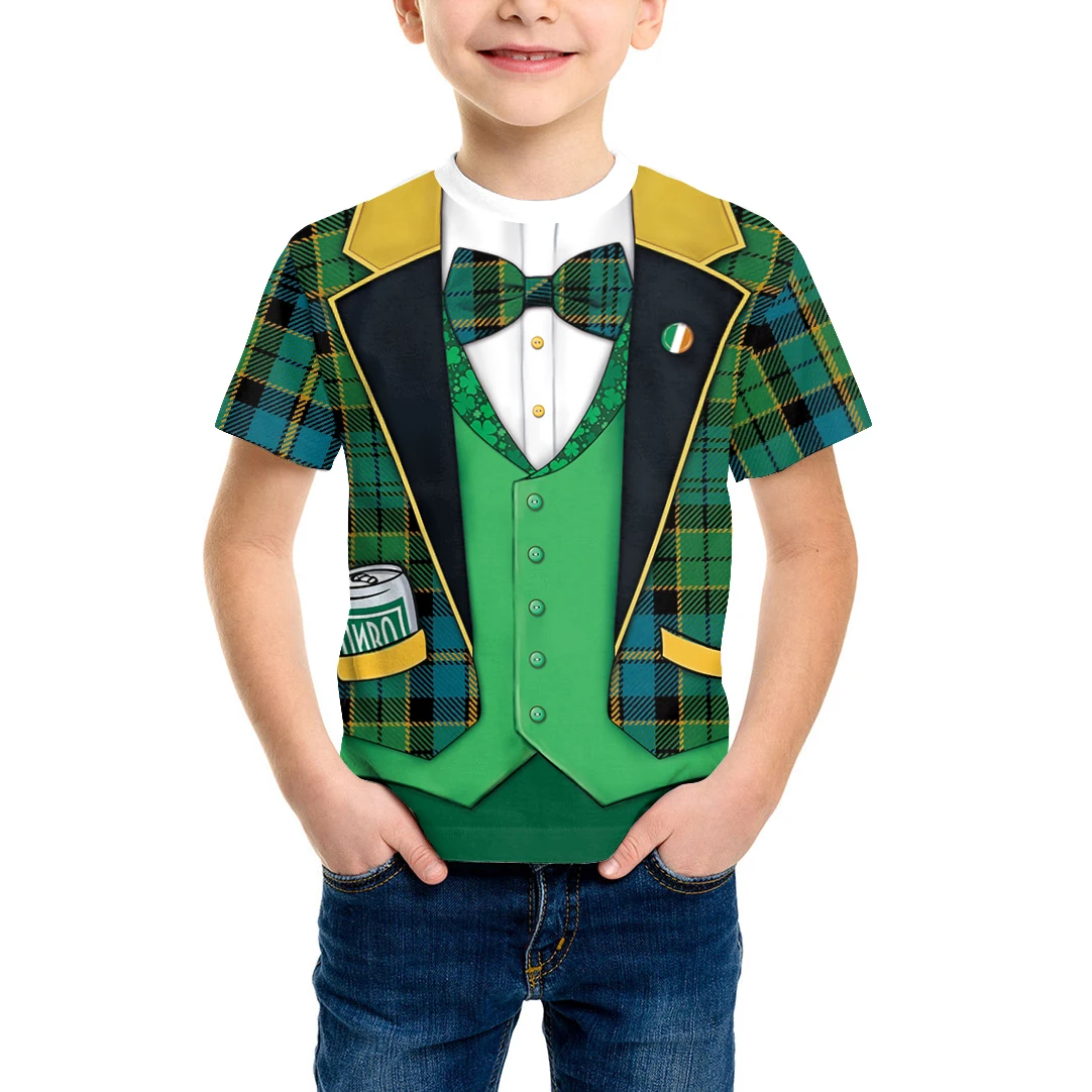 Irish Festival Children Green Lucky Grass Printing Cosplay Costume Boy Short Sleeve Suit Disguise Tops Party Funny Shirt Clothes