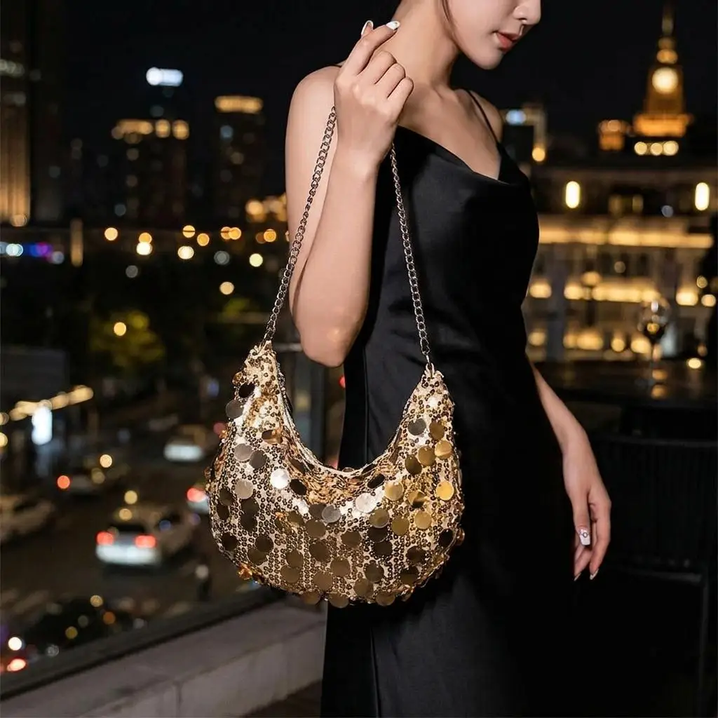 

Sequin Metallic Shoulder Bag Chain Strap Crescent Hobo Pouch Large Gold Glitter Handbag Sleek Disco Party Evening Packs