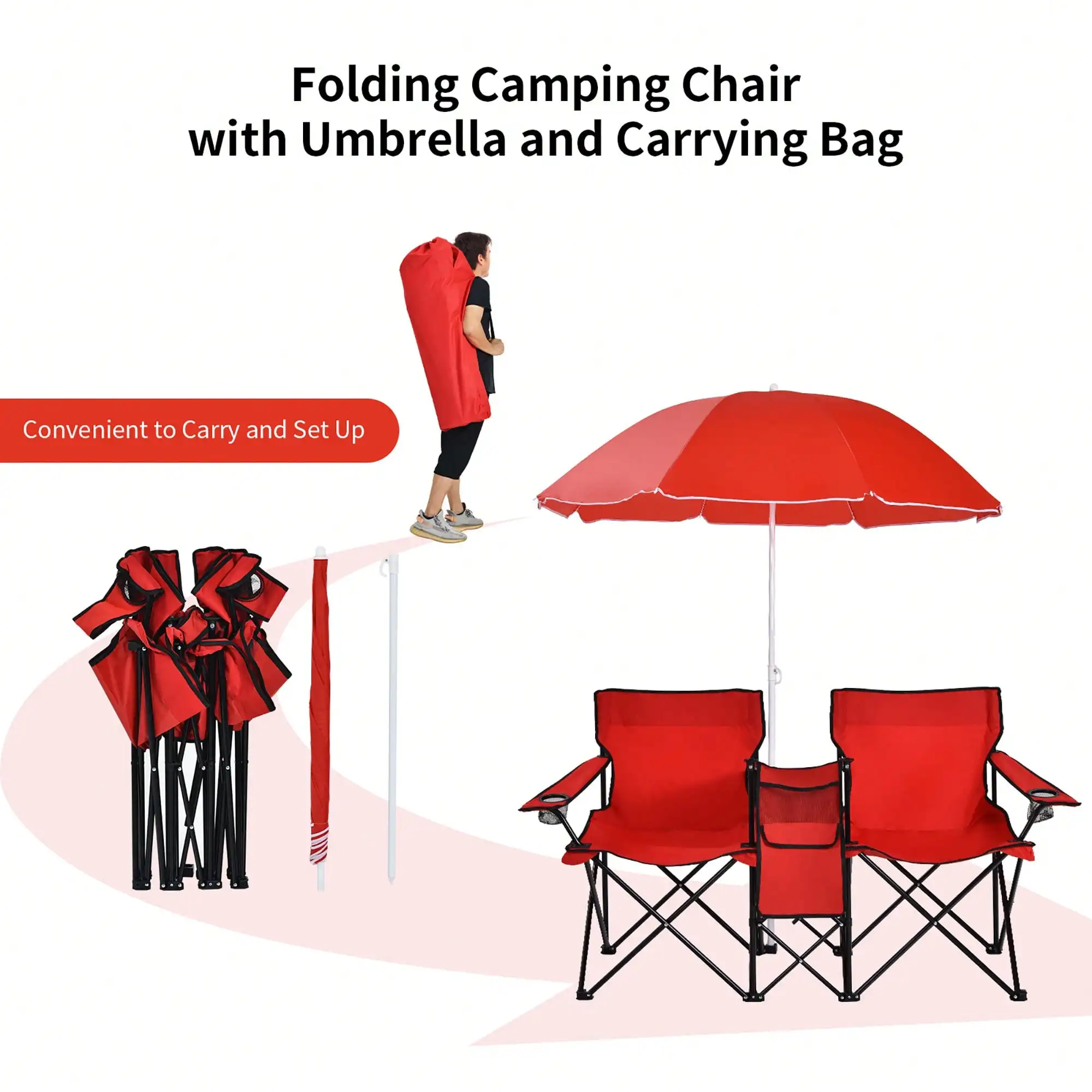 Folding Picnic Double Chair W/Umbrella Table Cooler Beach Camping Turquoise\Black\Red\Gray