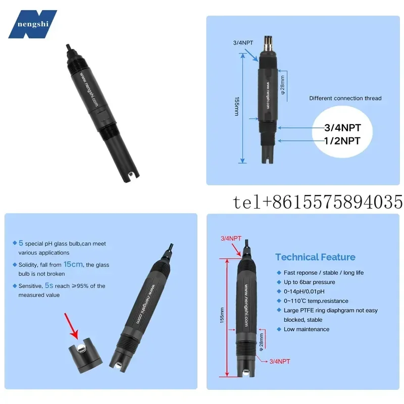 hot PH/ORP/Conductivity/Chlorine Electrode High-Accuracy 0.01 Sensor RS485 Plastic for Industrial Wastewater Treatment