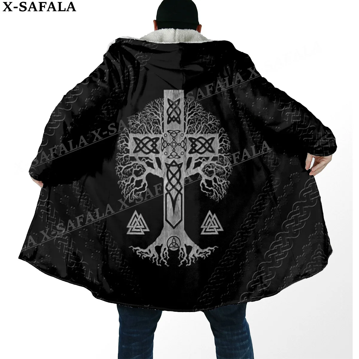 Viking Tattoo Symbol 3D Print Thick Warm Hooded Cloak Men Overcoat Coat Windproof Fleece Cape Robe Hooded Blanket-11