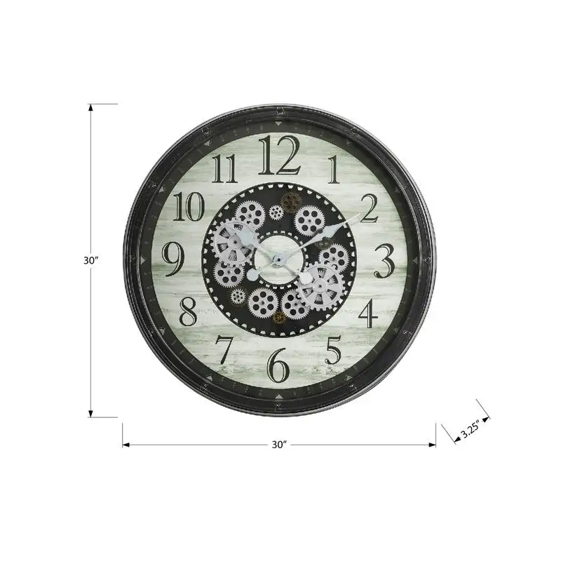 30" Round Oversized Wall Clock, Gear Mechanism, Brown Transitional Design