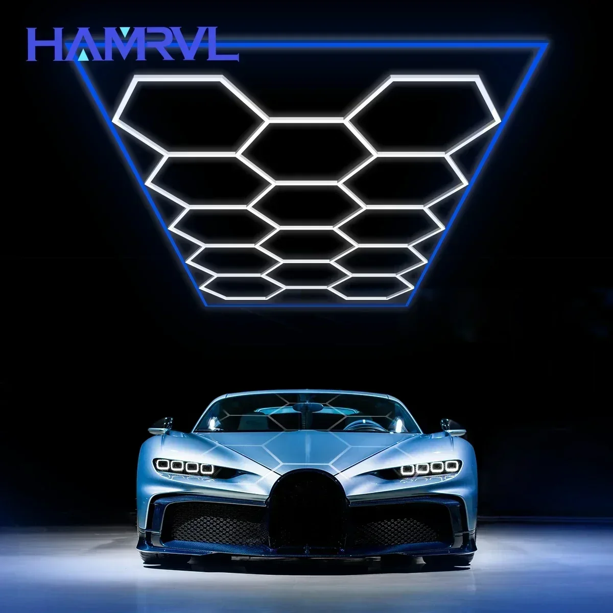 

Customized Blue Frame Color LED Hexagonal Garage Ceiling Light Car Ddetails Workshop Barbershop Hair Salon Shops Car Display