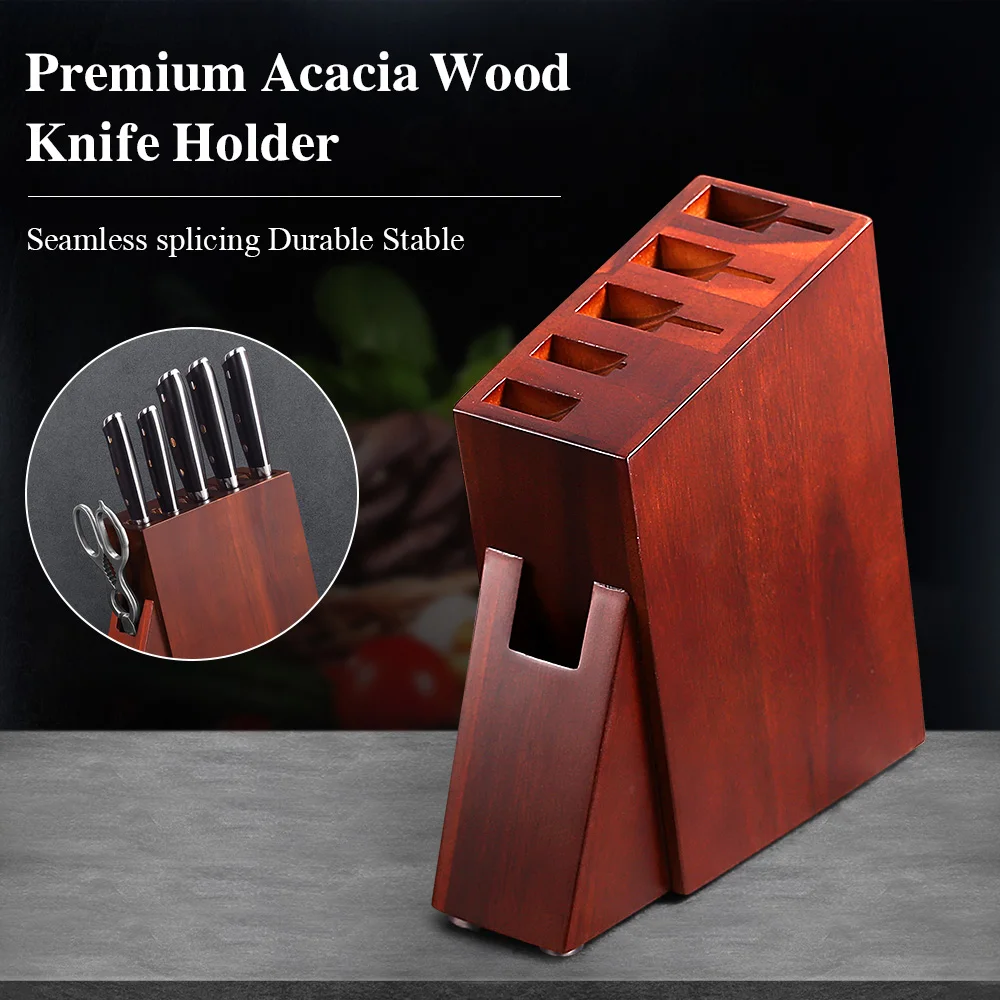

YIZHMA Knife Holder With Powerful Acacia Wood Knife Block Without Knives Scissors Holes Five-Slot Design Kitchen Acessories