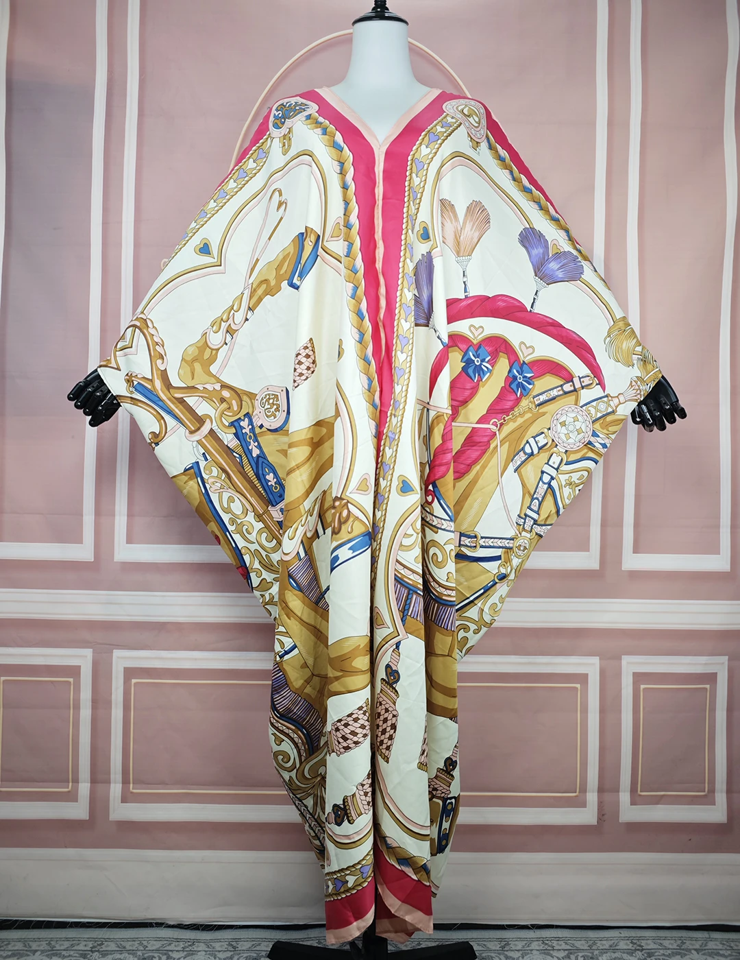 Vestido largo caftán de sarga de seda estampado a la moda de Kuwait, ropa informal bohemia de verano para playa, caftán suelto con cuello en V, Abaya musulmana elegante