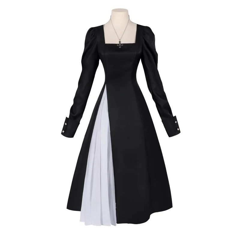 Pascua Halloween cosplay sexy monja cruzada disfraz juego uniforme juego de rol vestido largo negro con velo collar chal conjunto completo