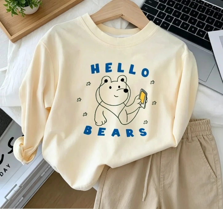 Kids Versatile Cotton T Shirt With Hello Bears Print Short And Long Sleeve Top Comfortable Wear For Boys Girls 9M-6T Baby Cloth