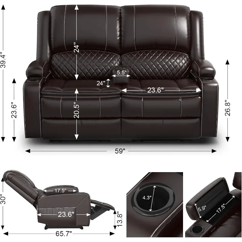 Sofá reclinável loveseat, loveseat reclinável manual com apoio de braço removível, loveseat reclinável de couro falso para adultos