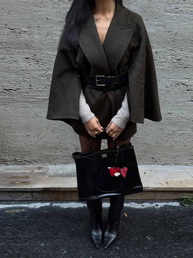 

Women's Elegant Dark Green Woolen Cape Jacket Long Sleeve Loose Casual Coat With Belt Lapel Streetwear 2025 New Lady Outwear
