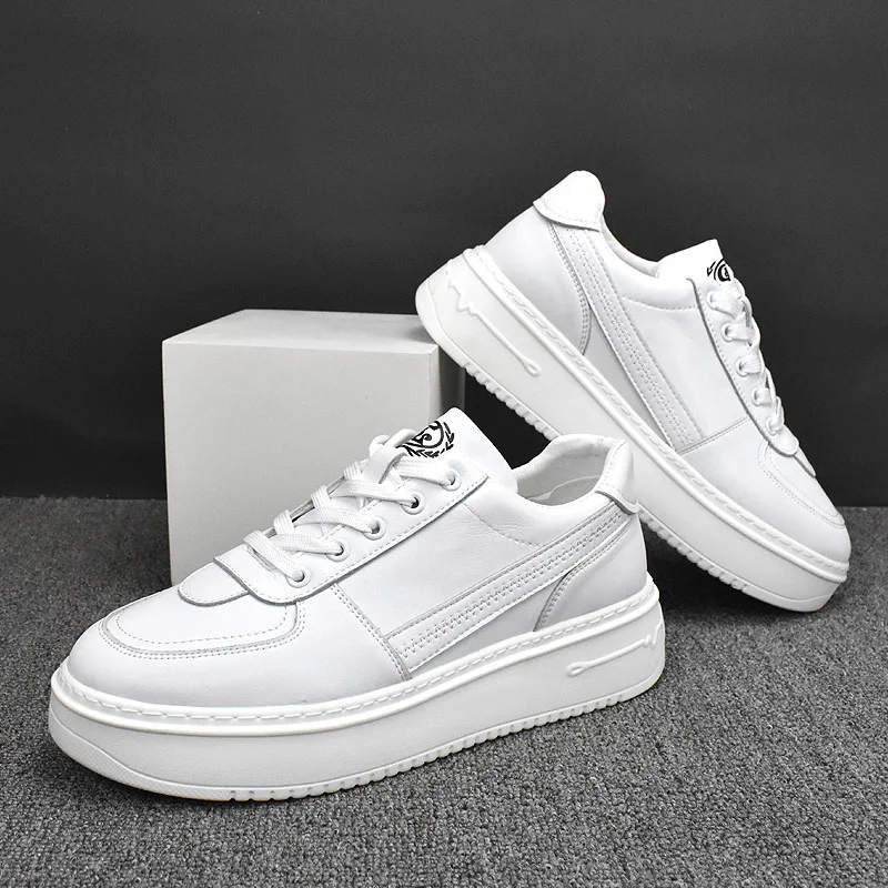 

Korean style men casual platform shoes lace-up original leather flat shoe breathable brand designer white sneakers mans footwear