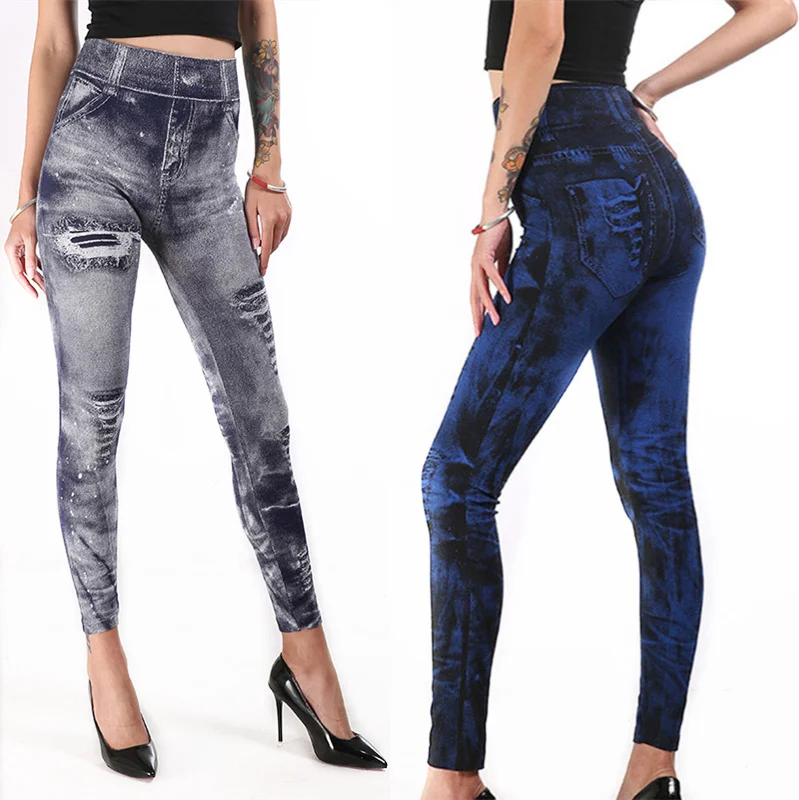 2022 Women Gym Leggings Faux Denim Leggings High Elastic Fake Ripped Jeans Print Leggings Female High Waist Casual Pencil Pants