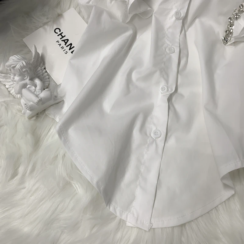 Summer Women Ruffles Flying Sleeve Short White Shirt New Korean OL Blouse Single-breasted Diamond Sleeveless Vest Top