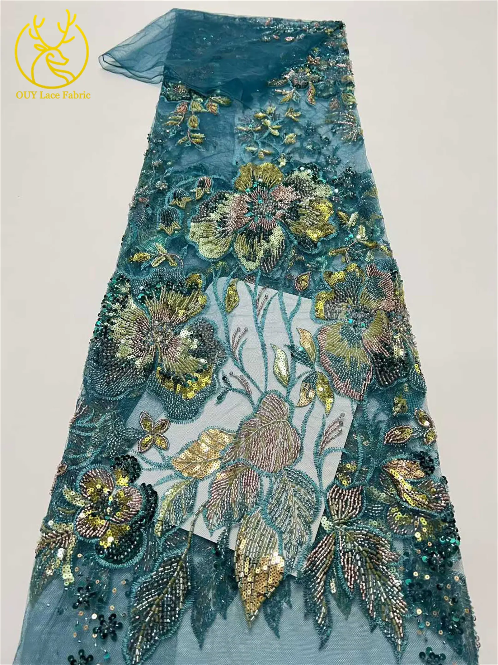 Afrikanischer schwerer Perlen-Spitzenstoff, 5 Yards, luxuriöse französische Pailletten-Spitze, Nigeria-Stickerei, Tüllspitze für Hochzeitskleider – Detail 7