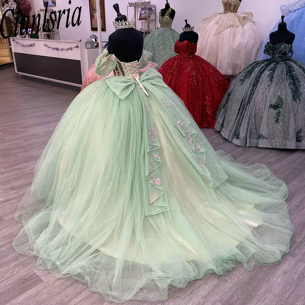 Vestido De baile De quinceañera con cuentas De cristal, apliques De lazo, corsé, hombros descubiertos, verde salvia, 15 Años