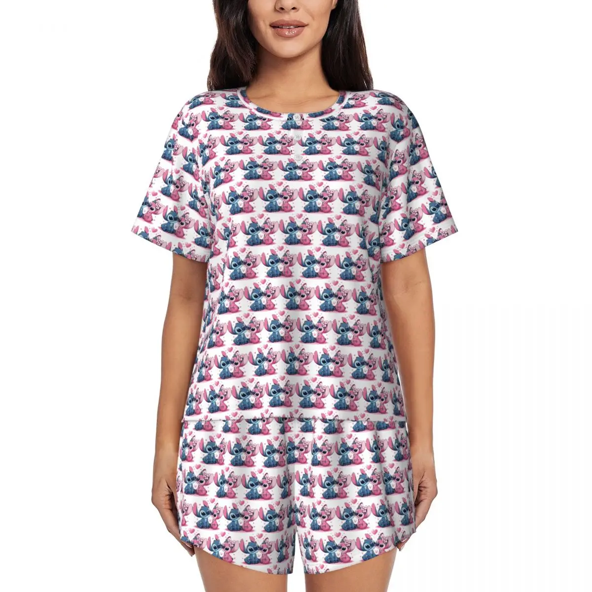 

Stitch TV Cartoon Animation Pajamas Set Women Short Sleeve Sleepwear Loungewear 2 Piece Pjs