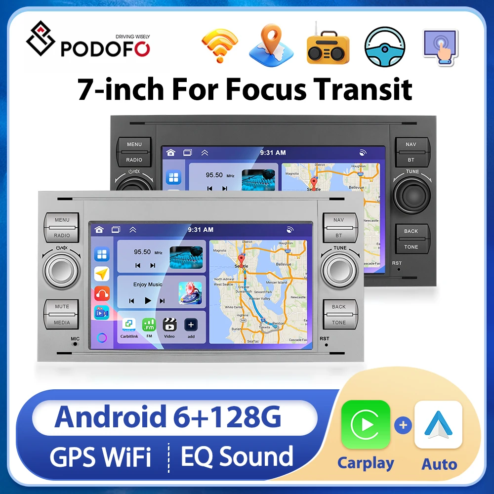Podofo para Ford Transit MK7 Fiesta Fusion Kuga C/S-Max Galaxy Android 6 + 128G para Apple Carplay Android Auto estéreo GPS WIFI