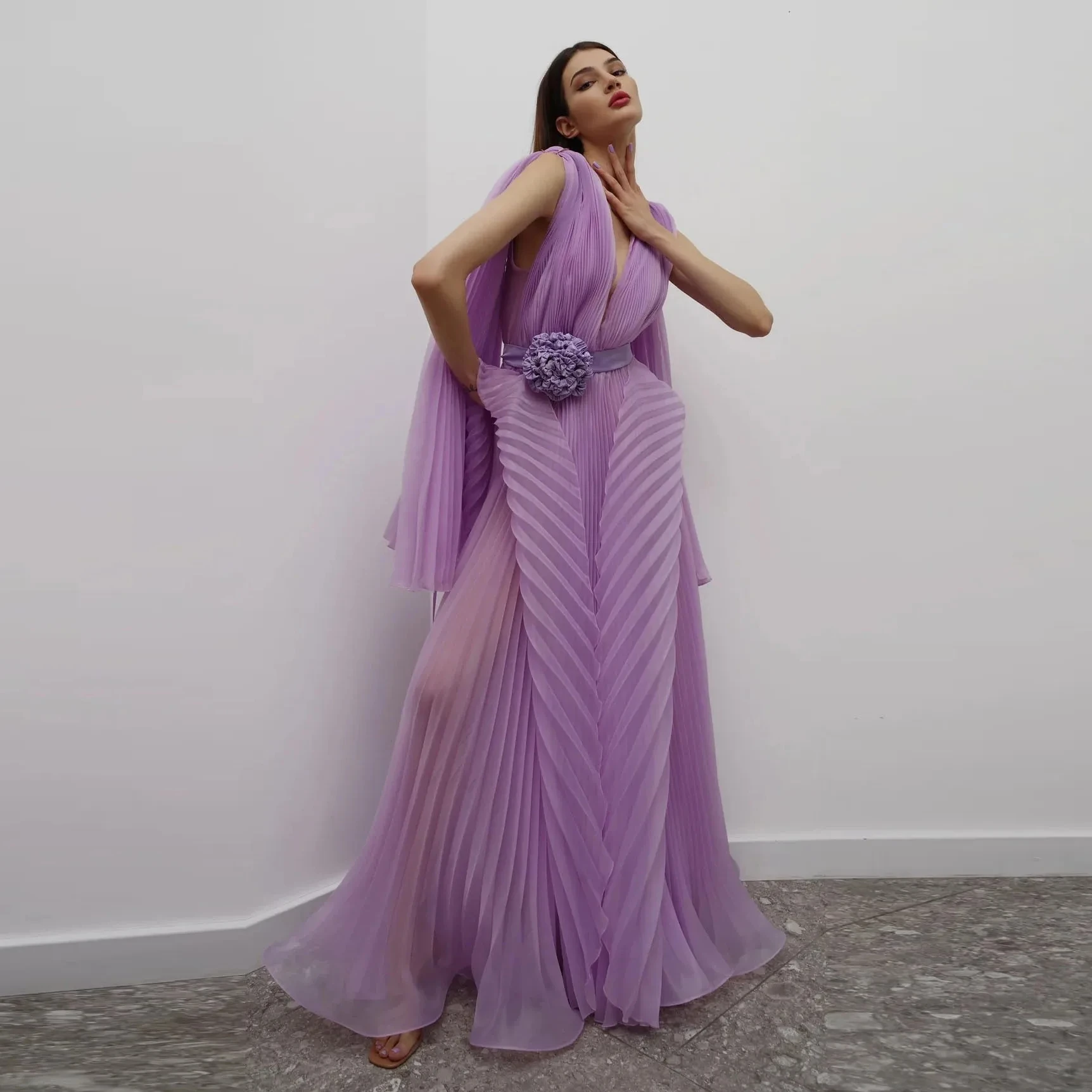 High Couture Women Formal Party Dresses Pleated A-line Long Maxi Gowns Cloak Behind Elegant Folds Floral Prom Gowns Lavender