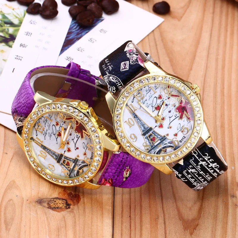 Luxury Women Watches Eiffel Tower Diamond Quartz Watch for Women Girl Beautiful Printing Female Dress Watch Fashion Ladies Clock