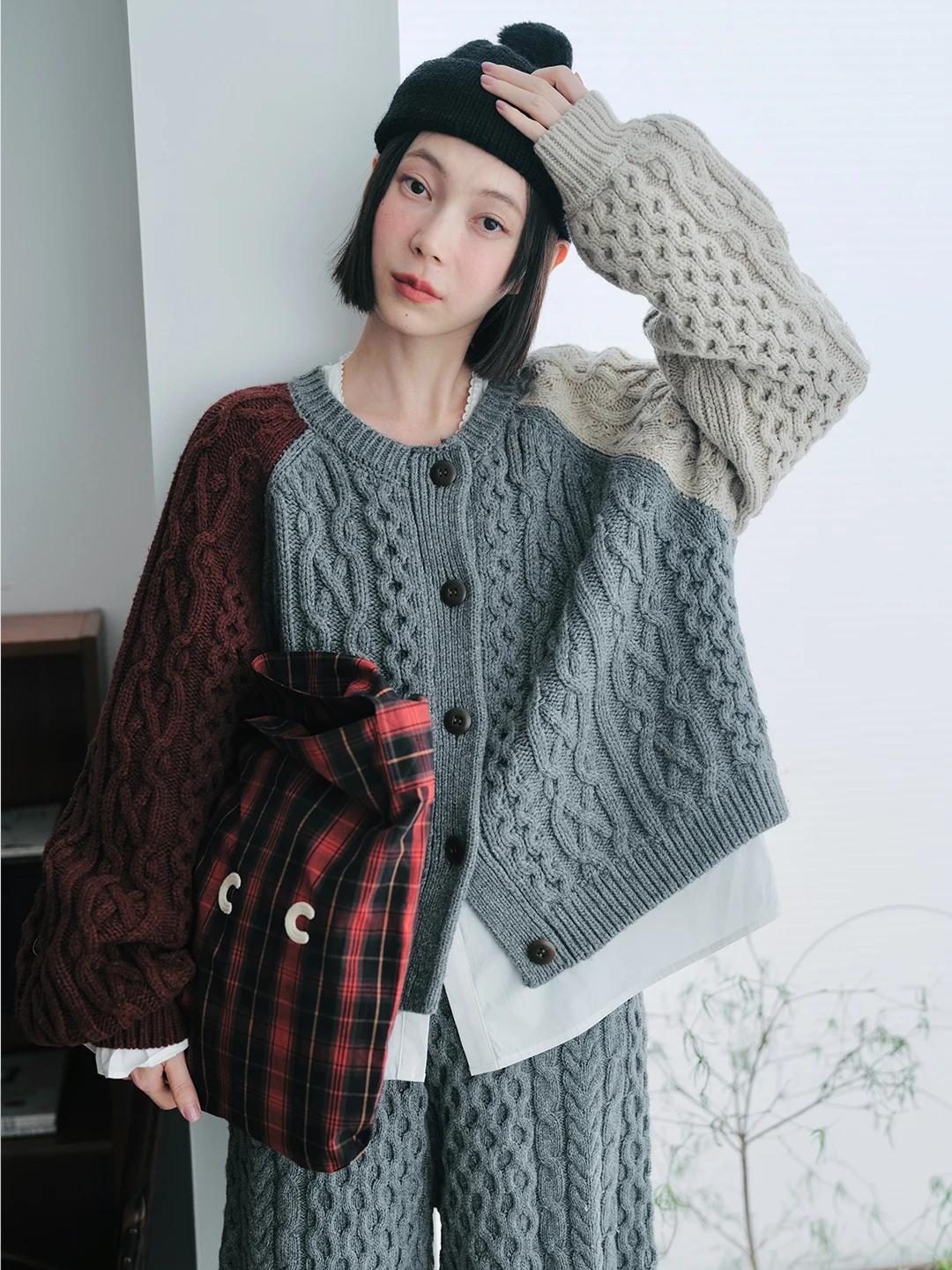 

IMAKOKONI original design cardigan contrasting color knit sweater jacket for warmth winter 244832