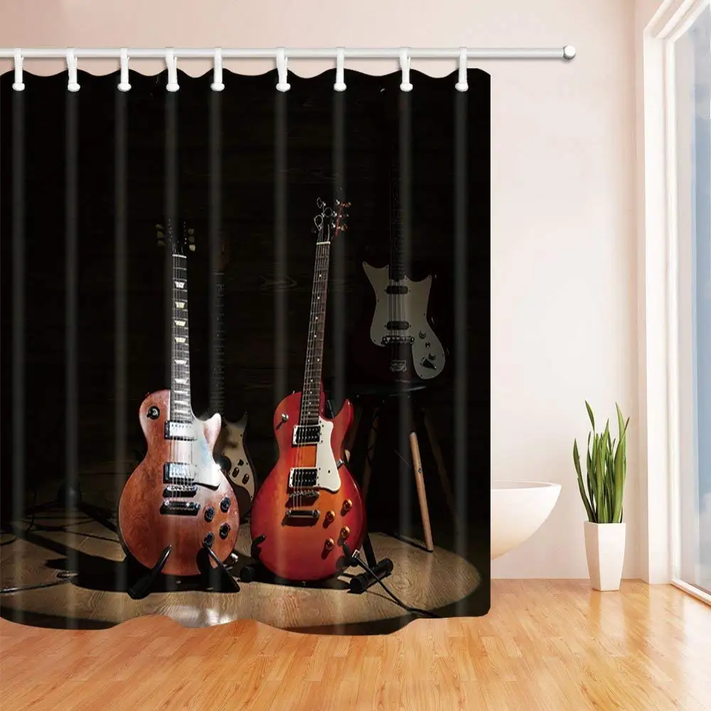 Decoração musical guitarras elétricas em piso de madeira iluminado cortinas de chuveiro tecido de poliéster cortina de banho à prova d'água cortina de chuveiro