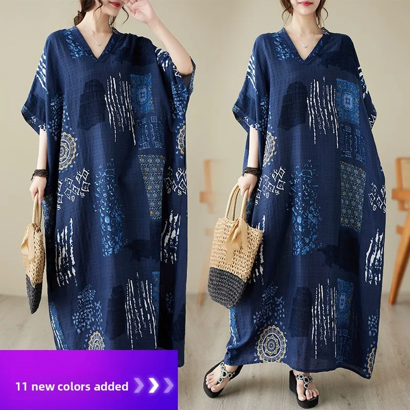 

Summer V-Neck Loose Cotton Linen Beach Skirt Vintage Large Size Women's Dress Artistic Holiday Style Long Robe Cover-Up