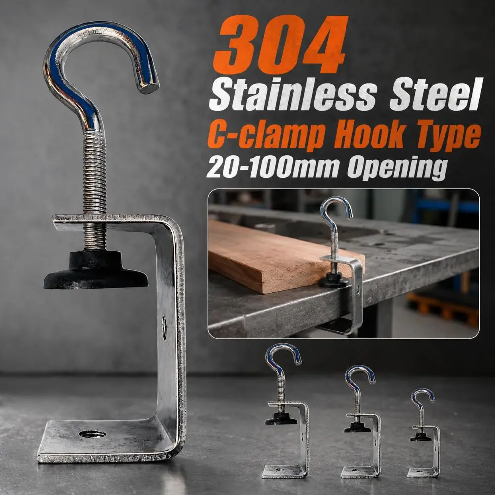 304 Stainless Steel C-clamp Adjustable 20-100mm Opening Square Clamp Sturdy Hook Type Fixed Holder Clip Hardware Fasteners